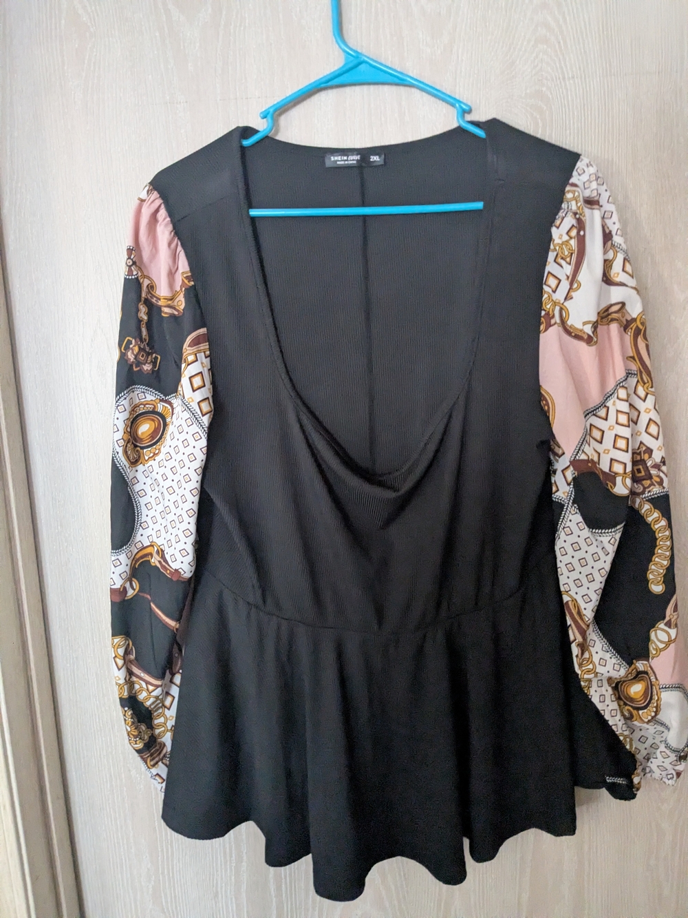SHEIN Black Peplum Top with Pink & Gold Patterned Long Sleeves